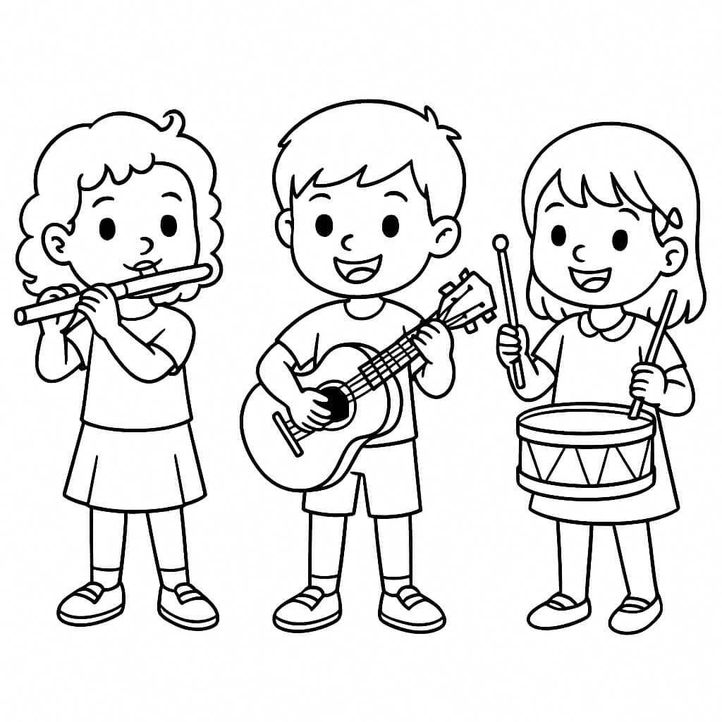 Crianças tocando instrumentos para colorir