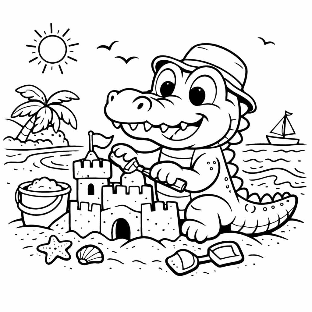 Crocodilo construindo castelo de areia para colorir