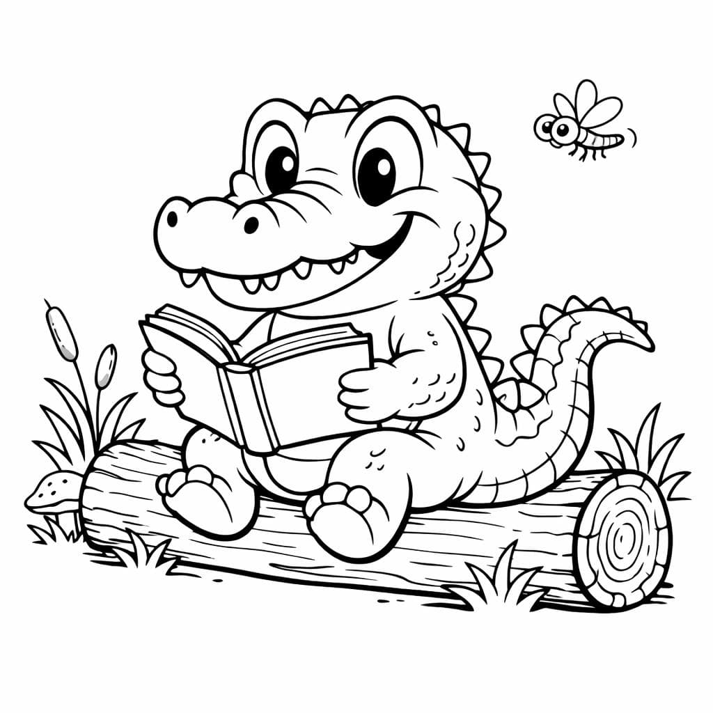 Crocodilo lendo livro para colorir