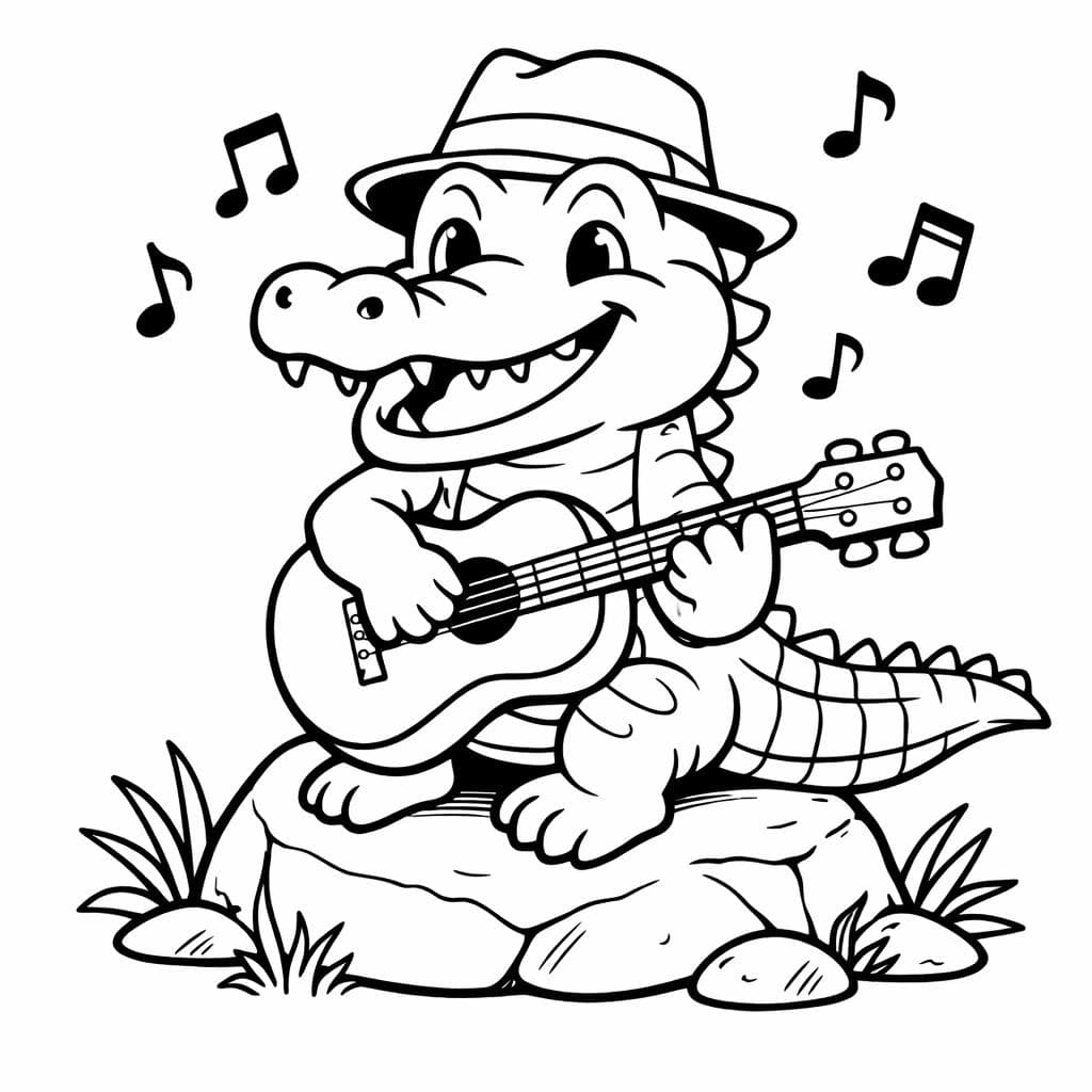 Crocodilo tocando violão para colorir