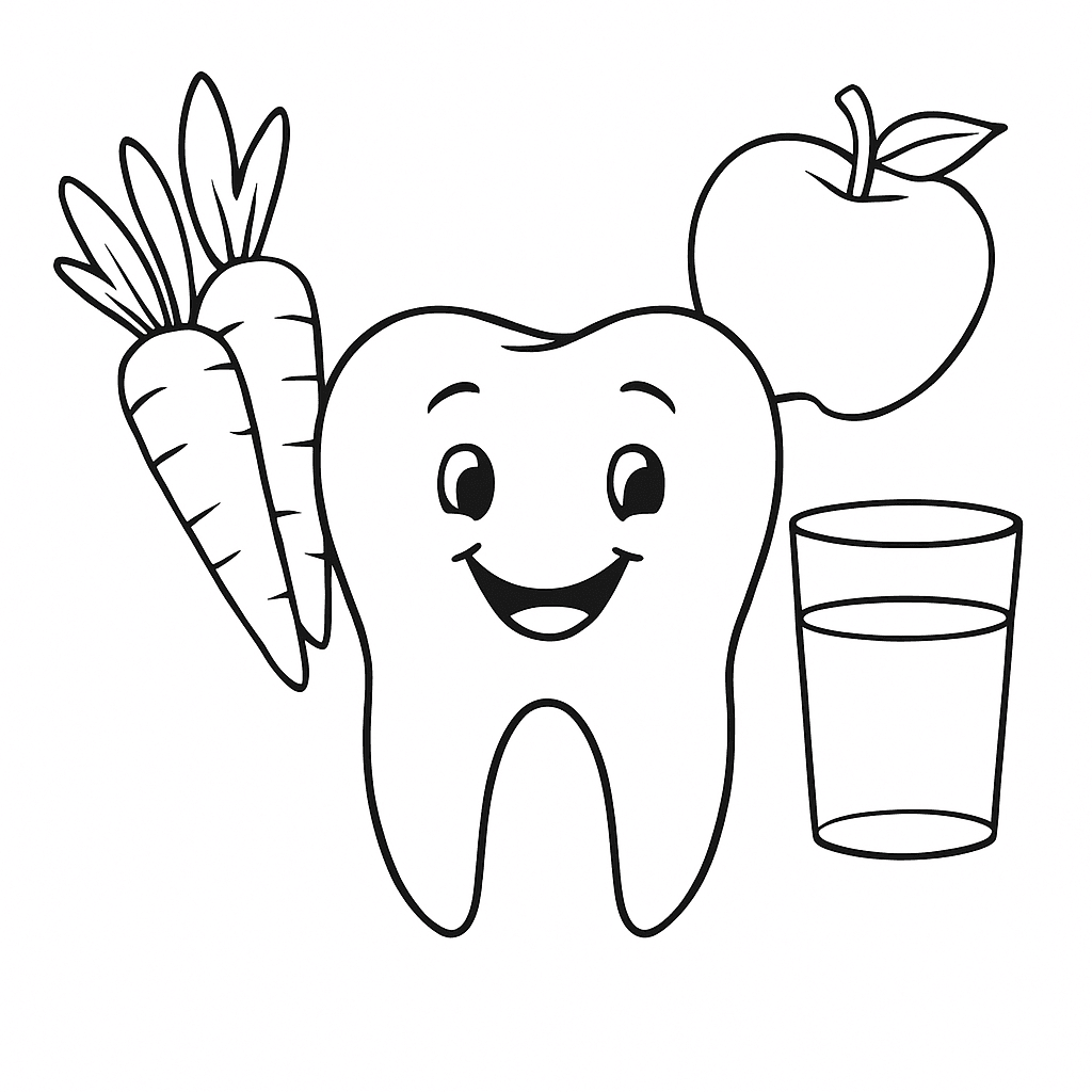 Dente feliz com alimentos saudáveis para colorir