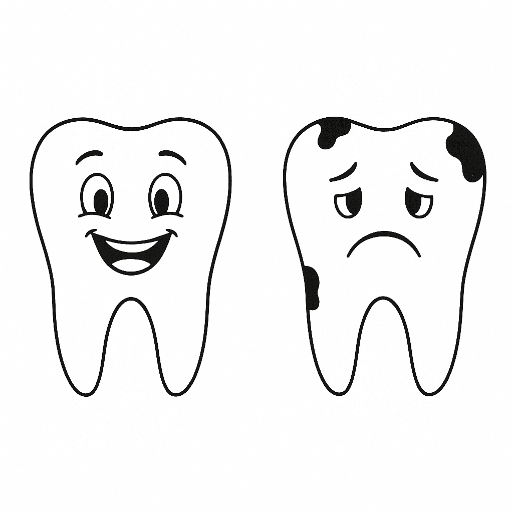 Dente saudável e dente cariado para colorir