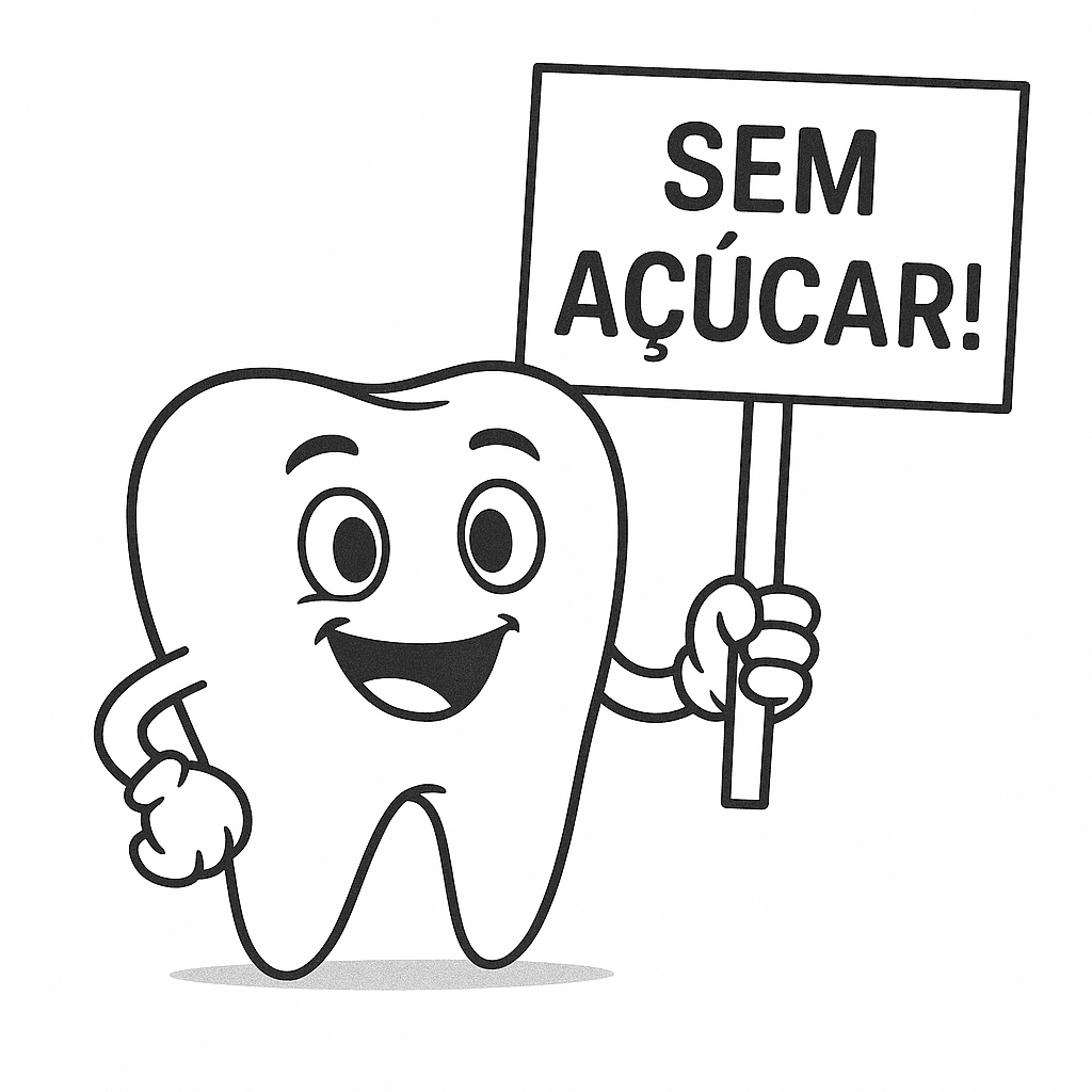 Dente segurando placa 'Sem açúcar!' para colorir