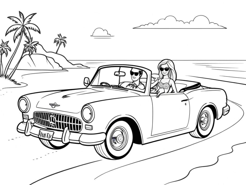 Barbie e Ken em um carro conversível