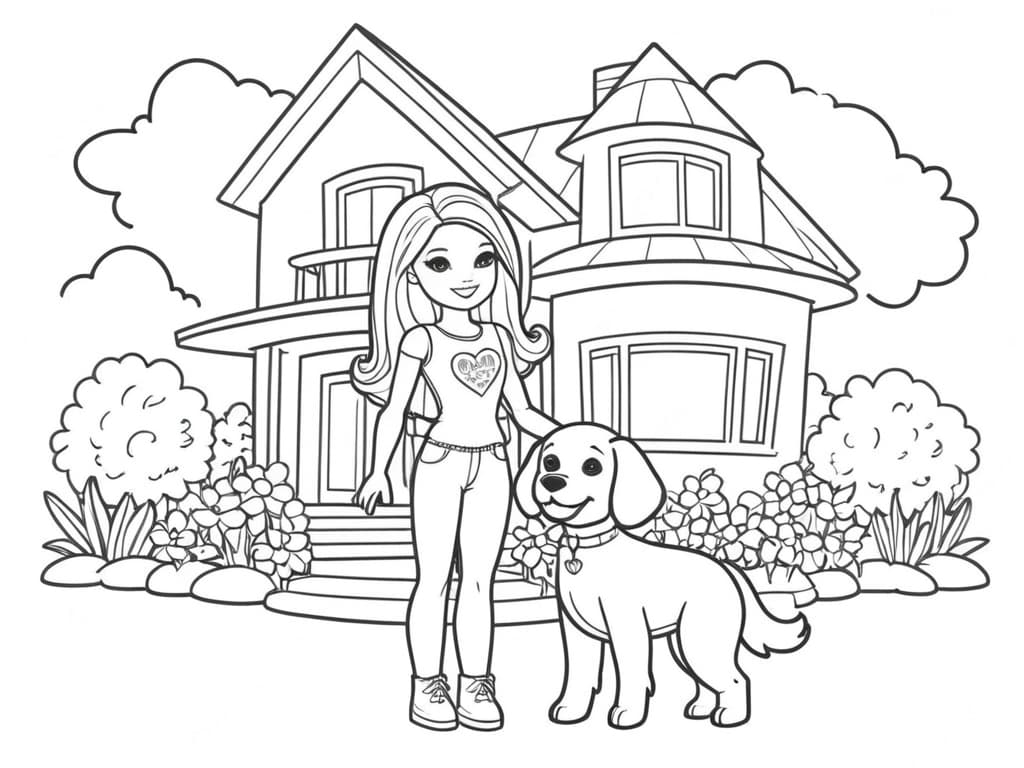 Barbie em sua casa com seu cachorro