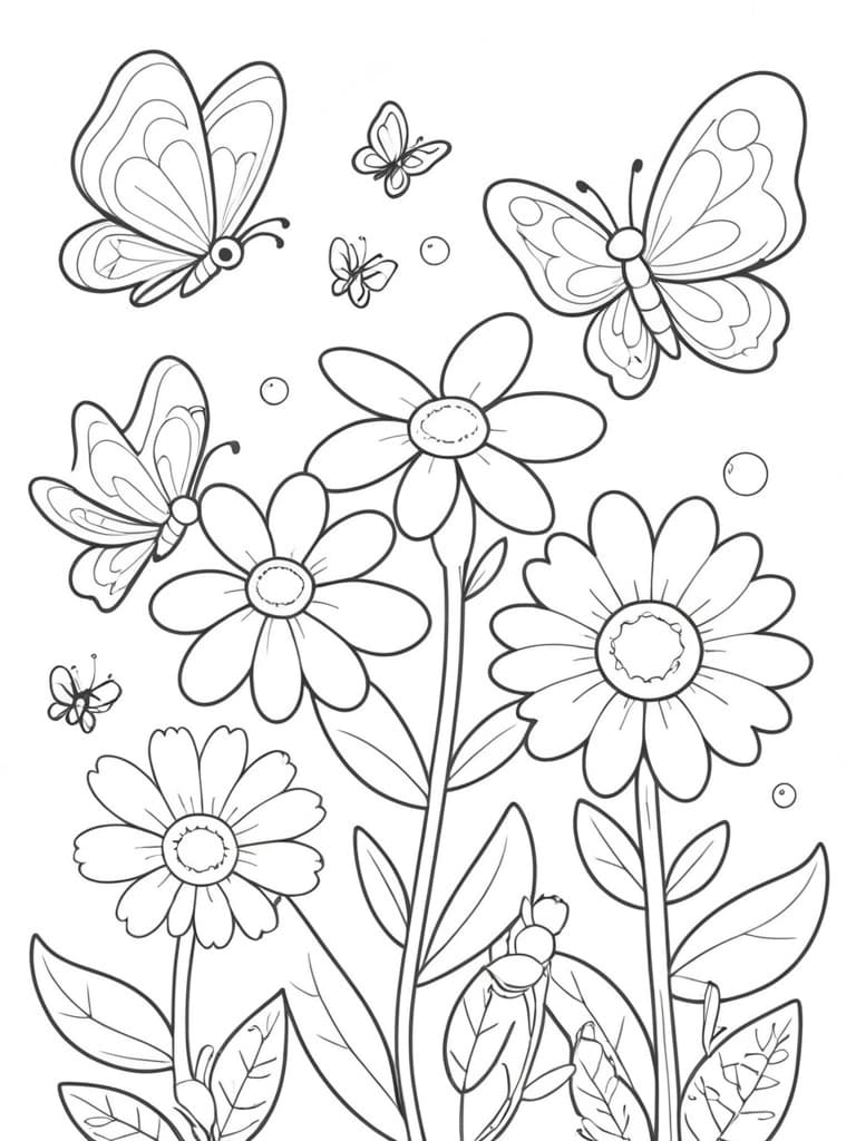 Desenho de jardim com flores e borboletas para colorir