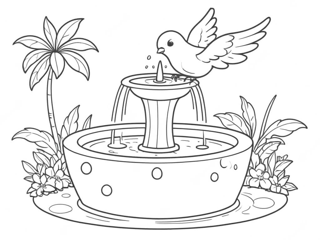 Passarinho bebendo água em uma fonte para colorir