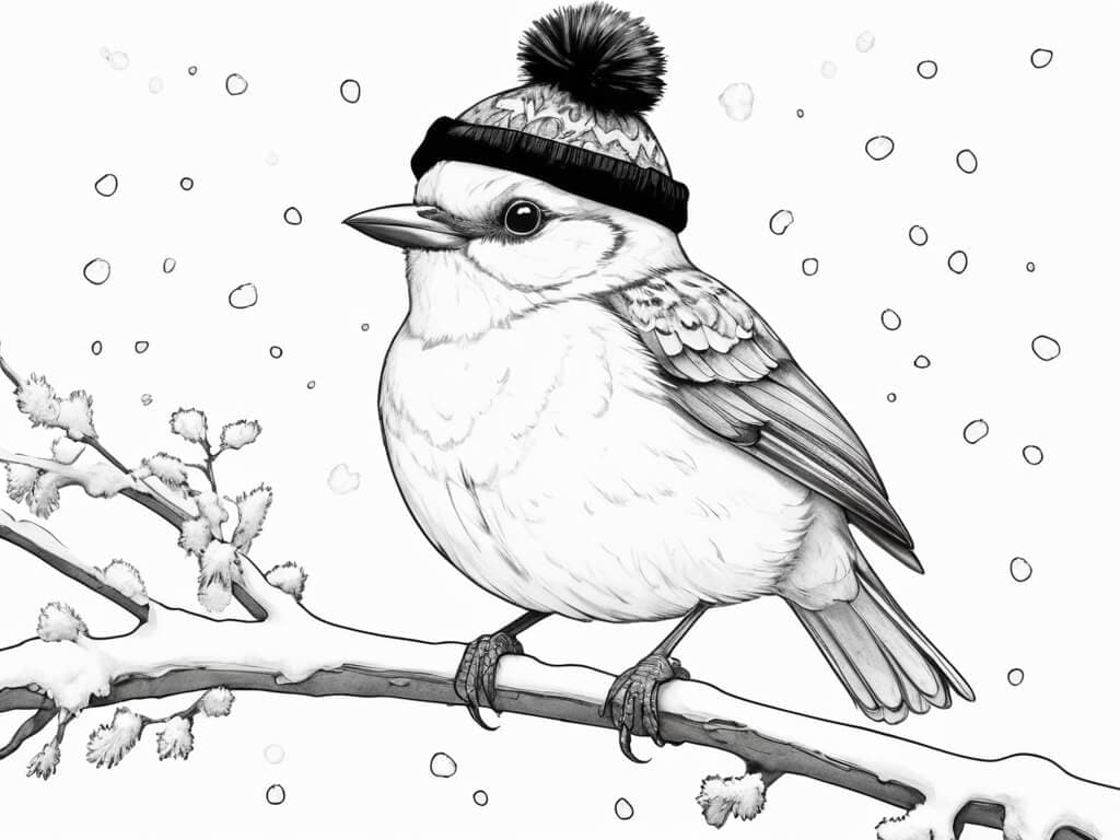Passarinho na neve para colorir