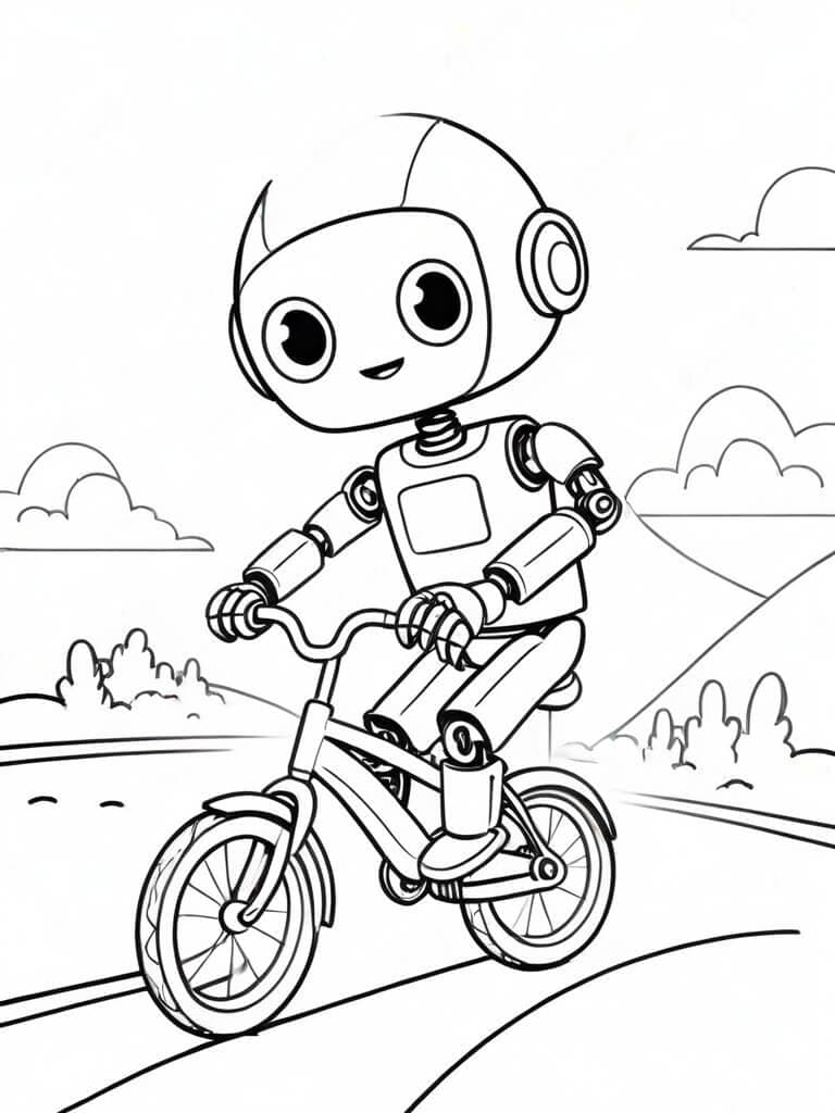 Robô andando de bicicleta para colorir
