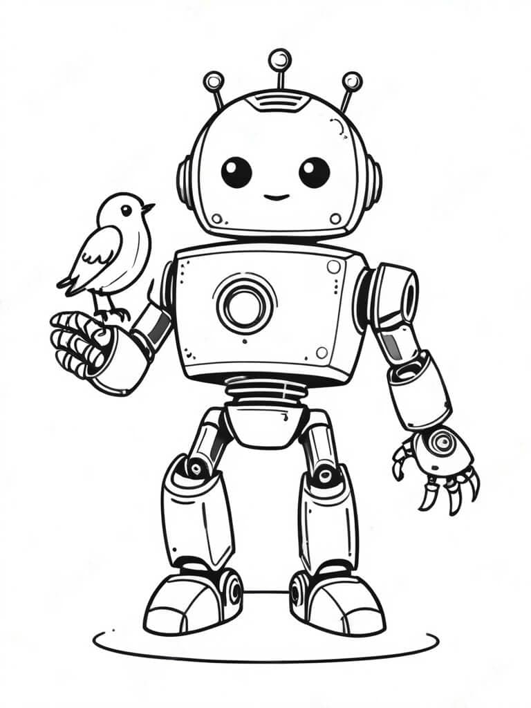 Robô com um passarinho para colorir