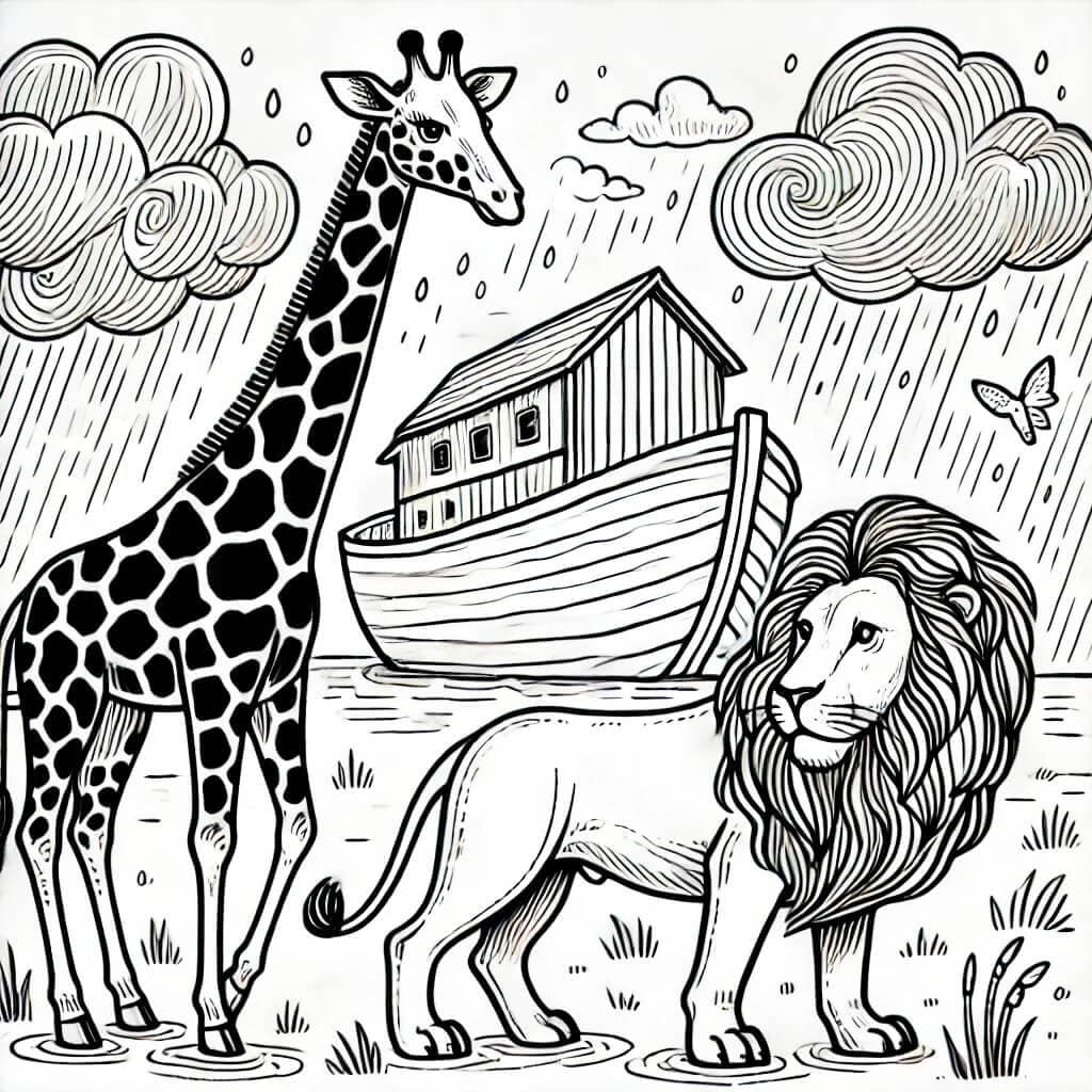 Girafa e leão na Arca de Noé para colorir