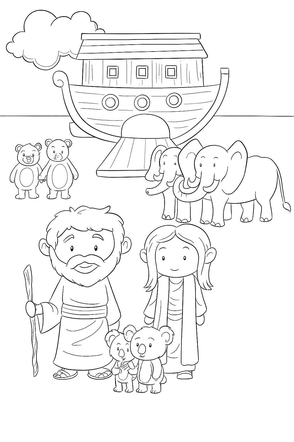 Noé e os animais se preparando para subir na arca para colorir