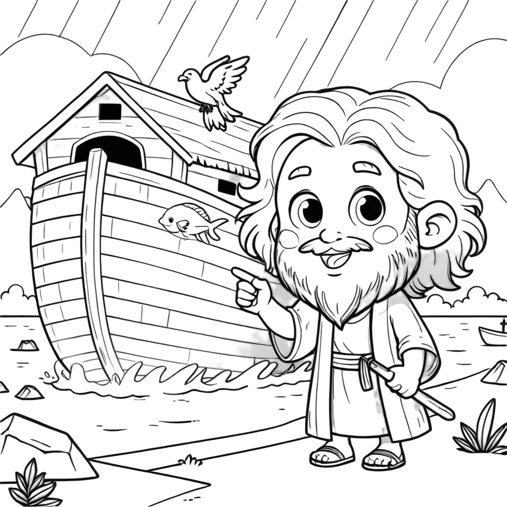 Noé mostrando sua arca para colorir