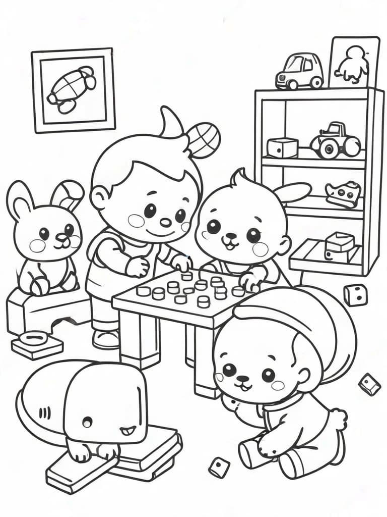 Brinquedos brincando em um quarto colorido