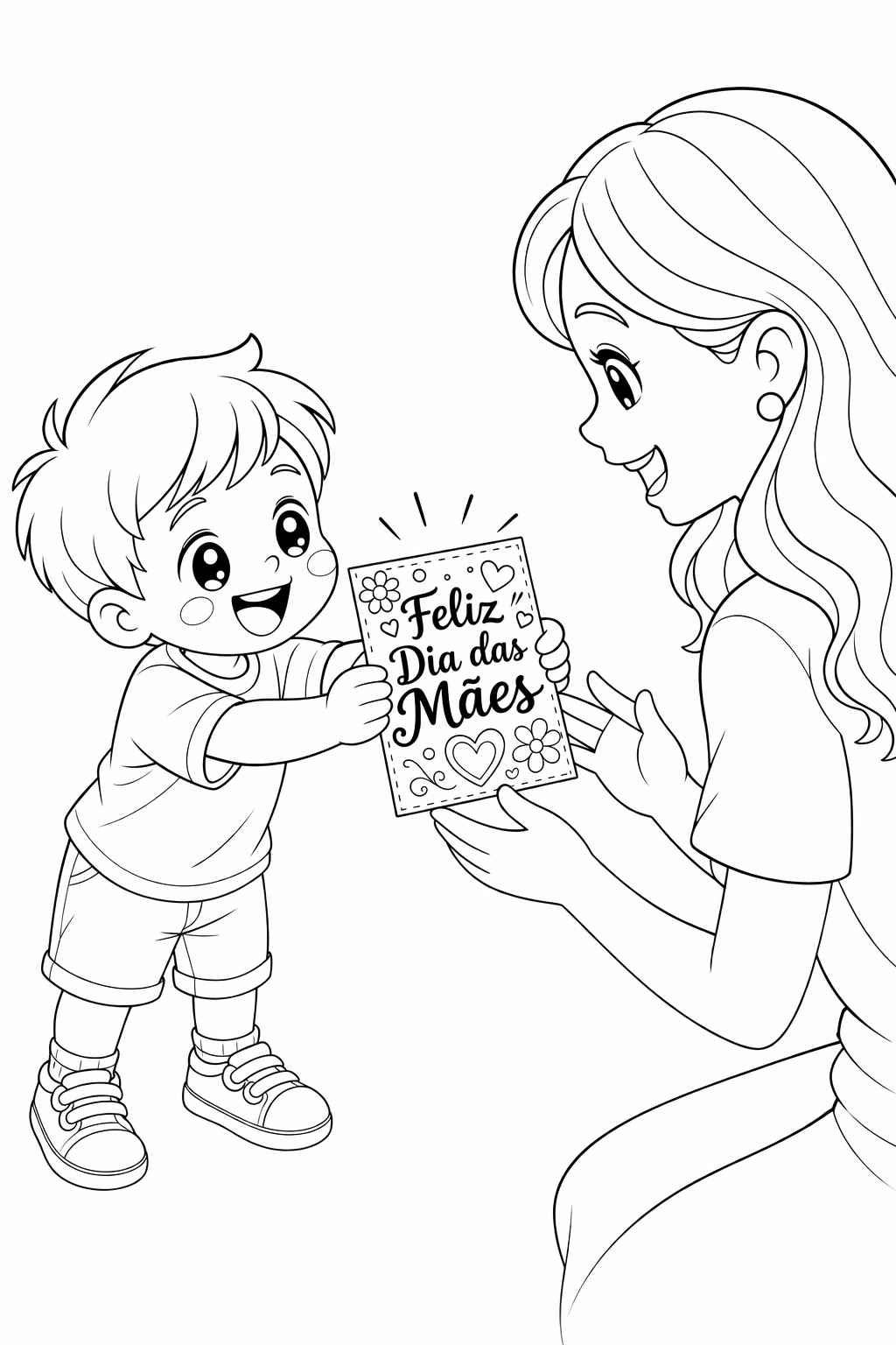 Cartão de Dia das Mães com filho para colorir