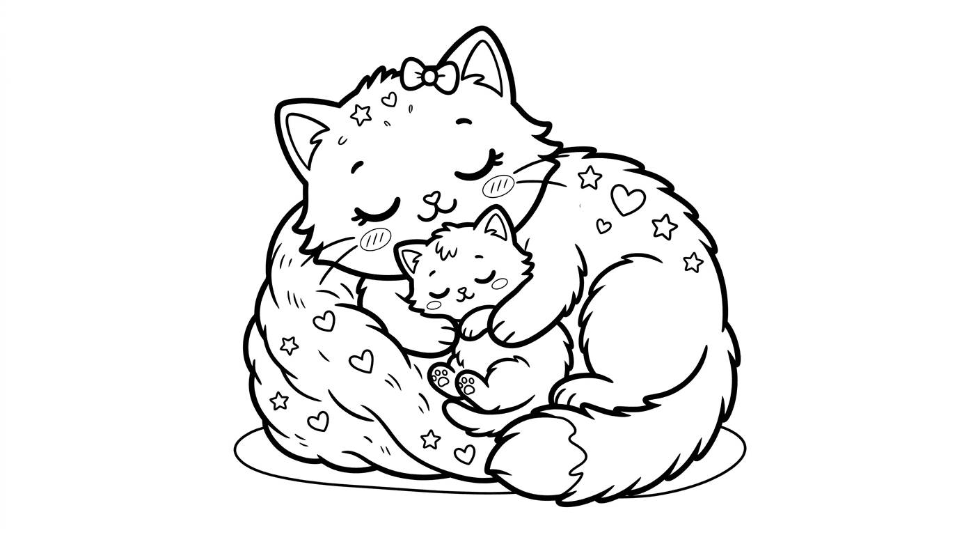 Gatinha mãe e filhote para colorir