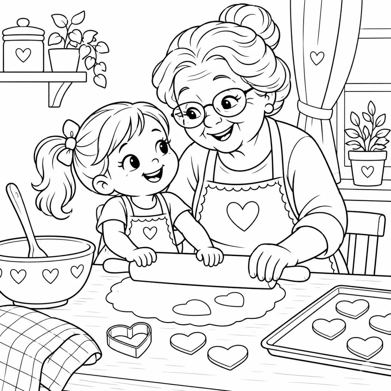 Avó e neta preparando biscoitos para colorir