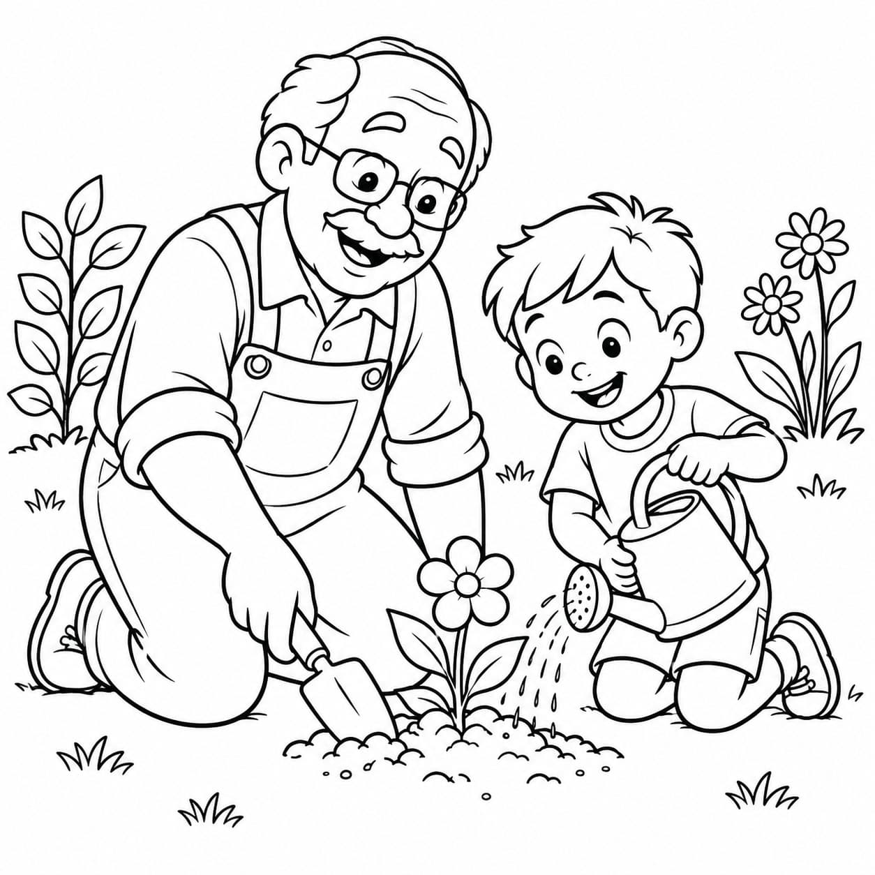 Avô e neto cuidando do jardim para colorir