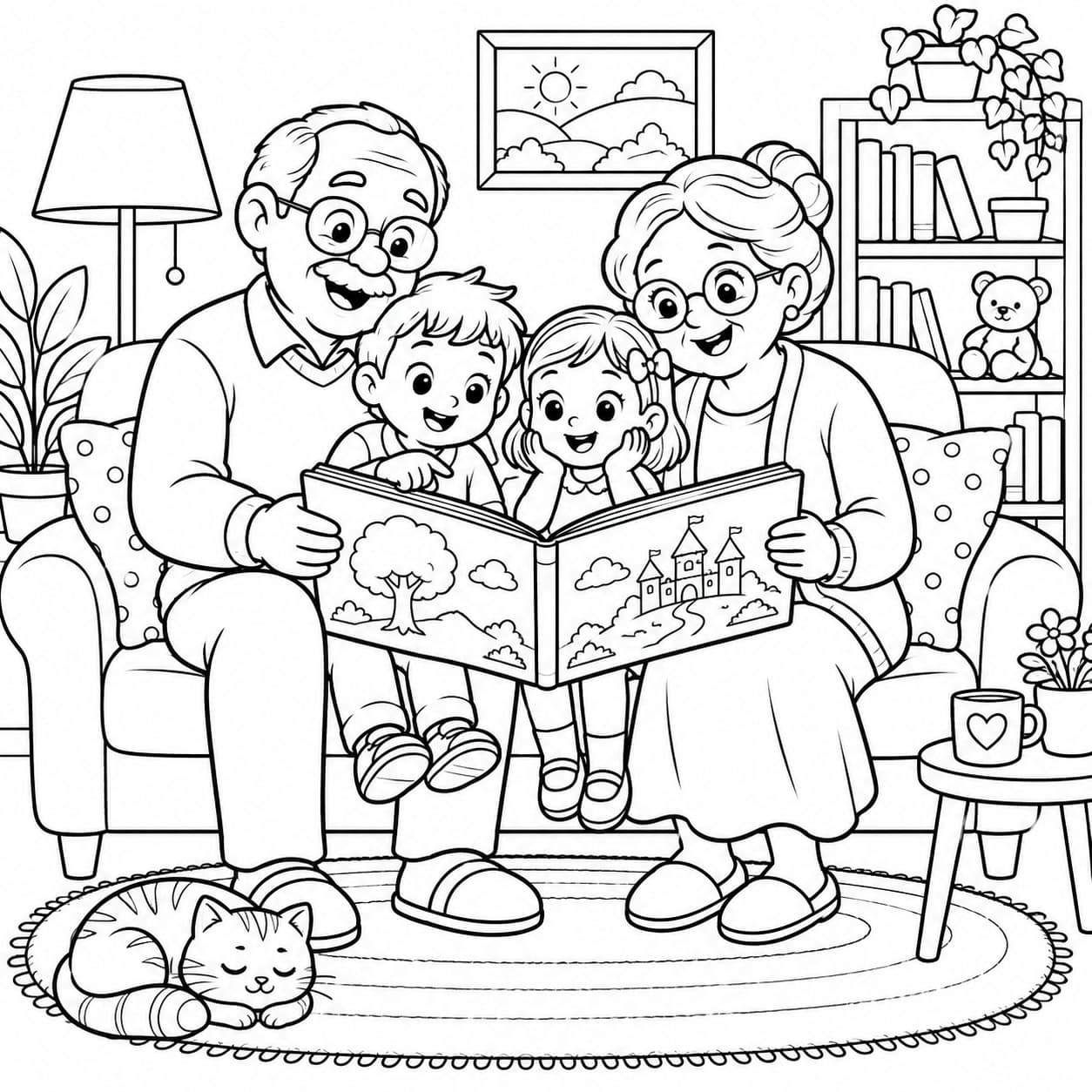 Avós lendo história para os netos para colorir