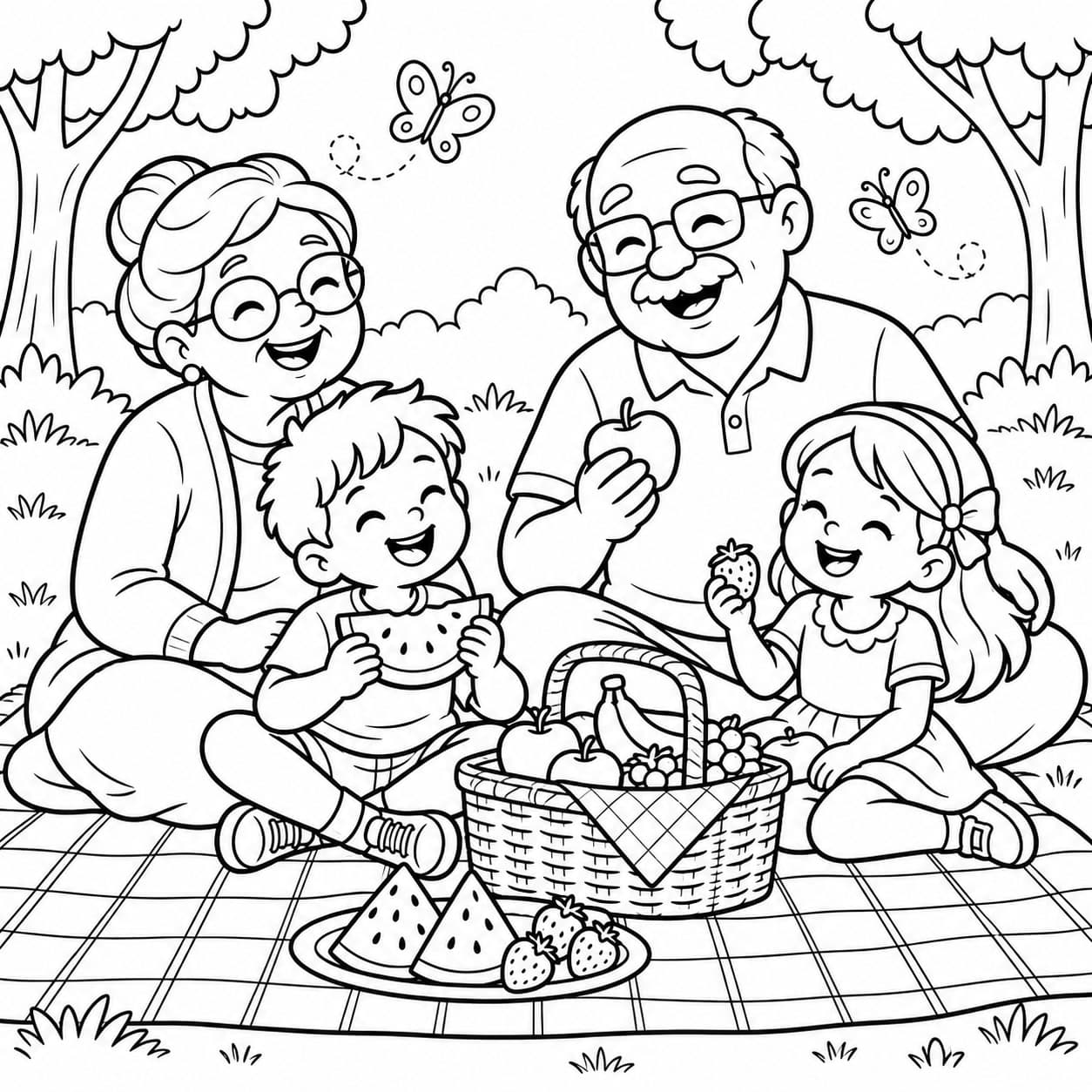 Piquenique de avós e netos para colorir