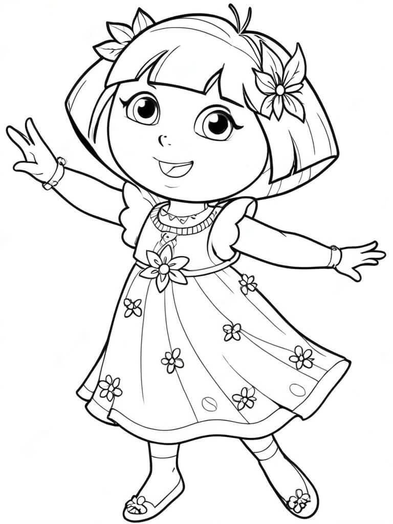 Dora com vestido florido para colorir