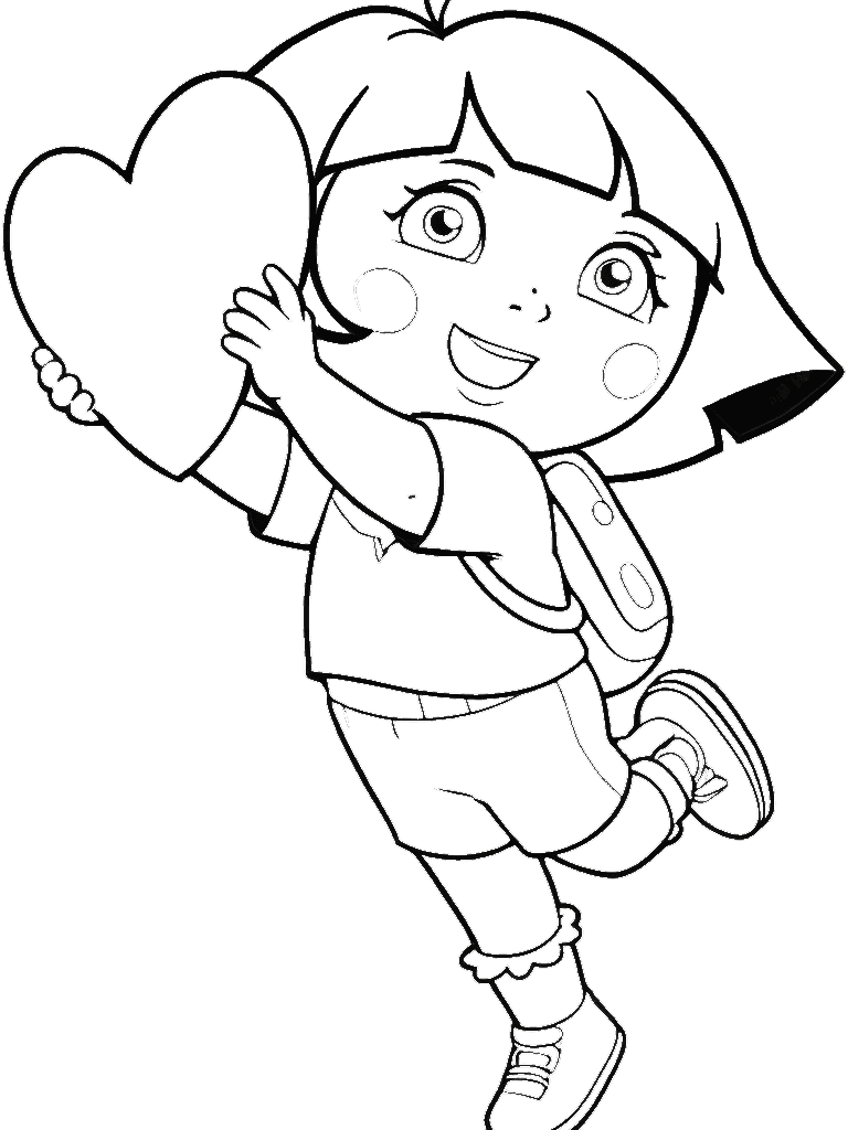 Dora segurando coração para colorir