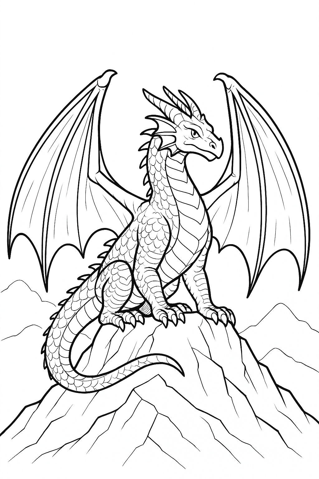 Dragão gigante sentado na montanha para colorir
