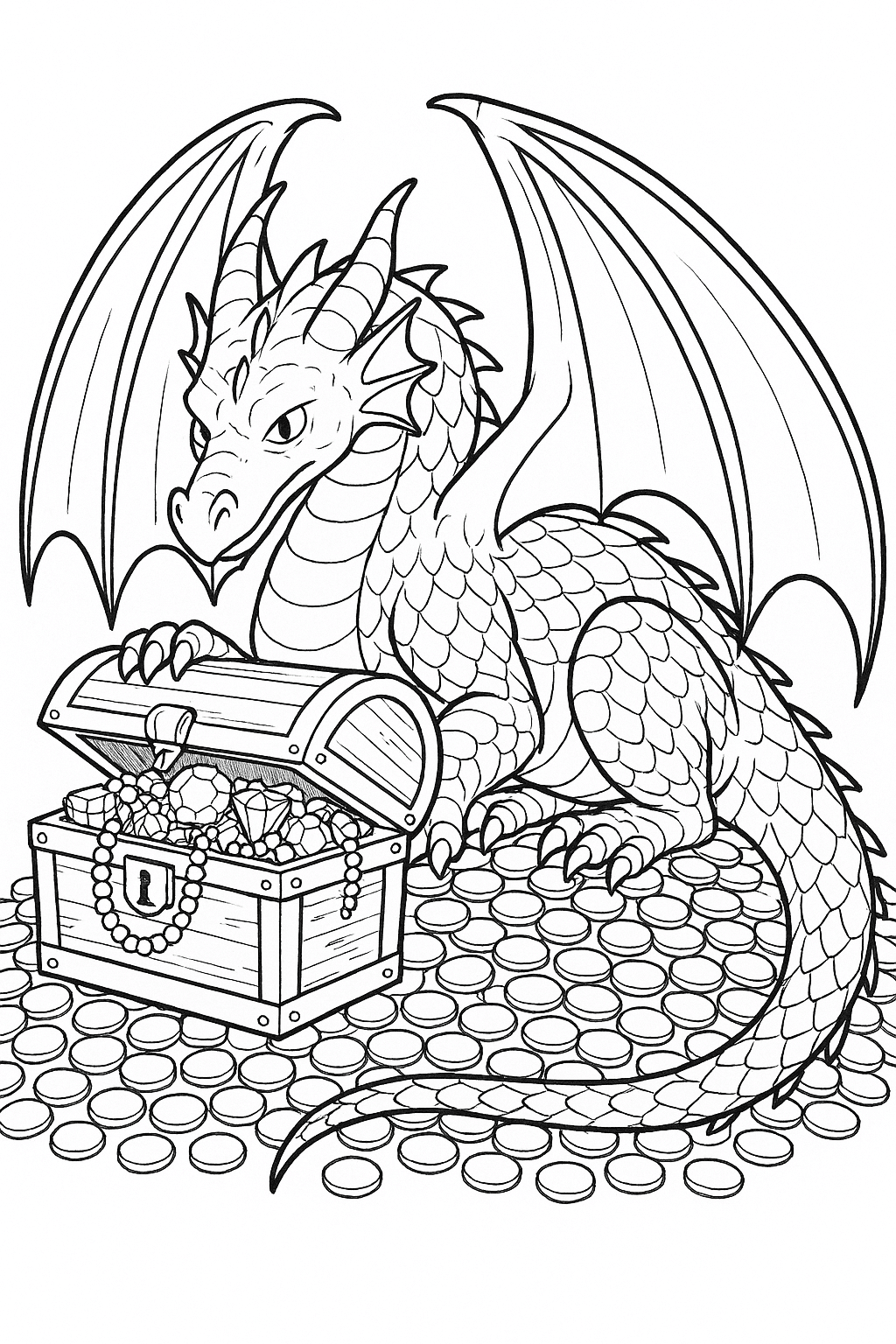 Dragão guardião do tesouro para colorir