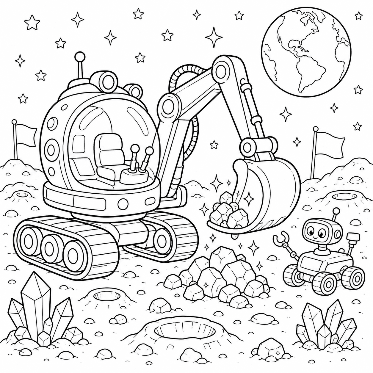 Escavadeira astronauta na Lua para colorir