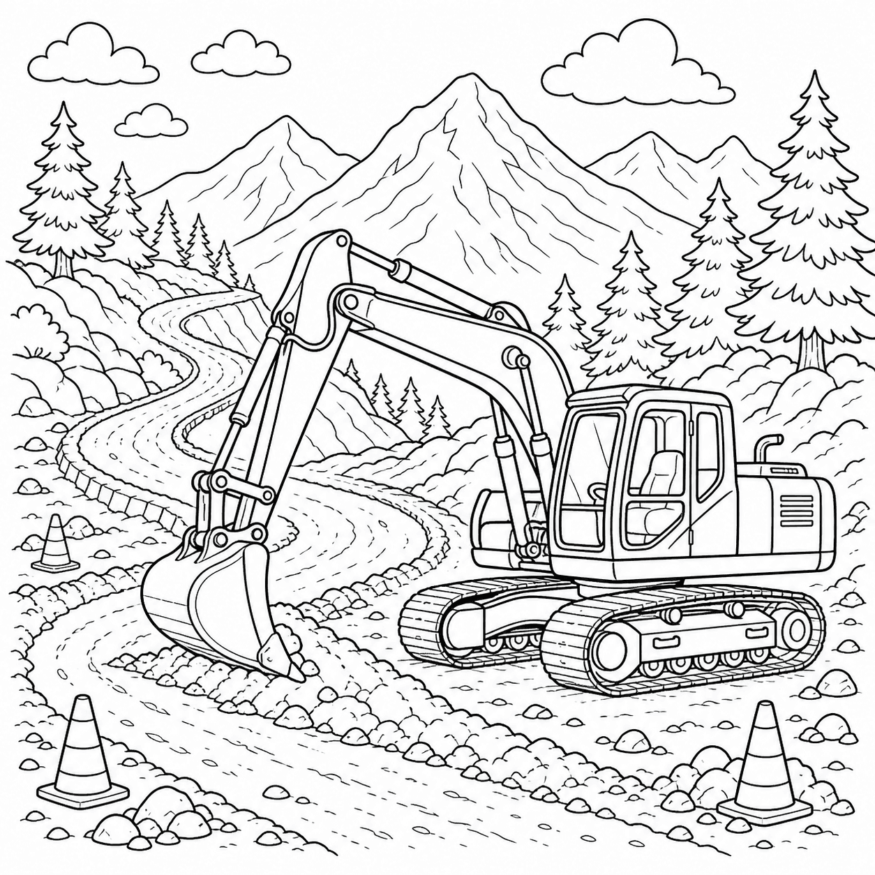 Escavadeira construindo estrada para colorir
