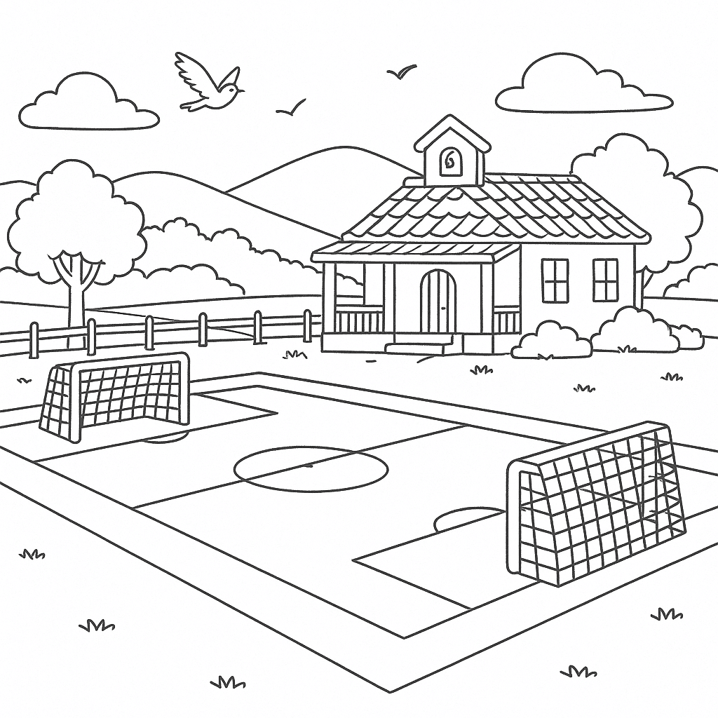 Escola com paisagem para colorir