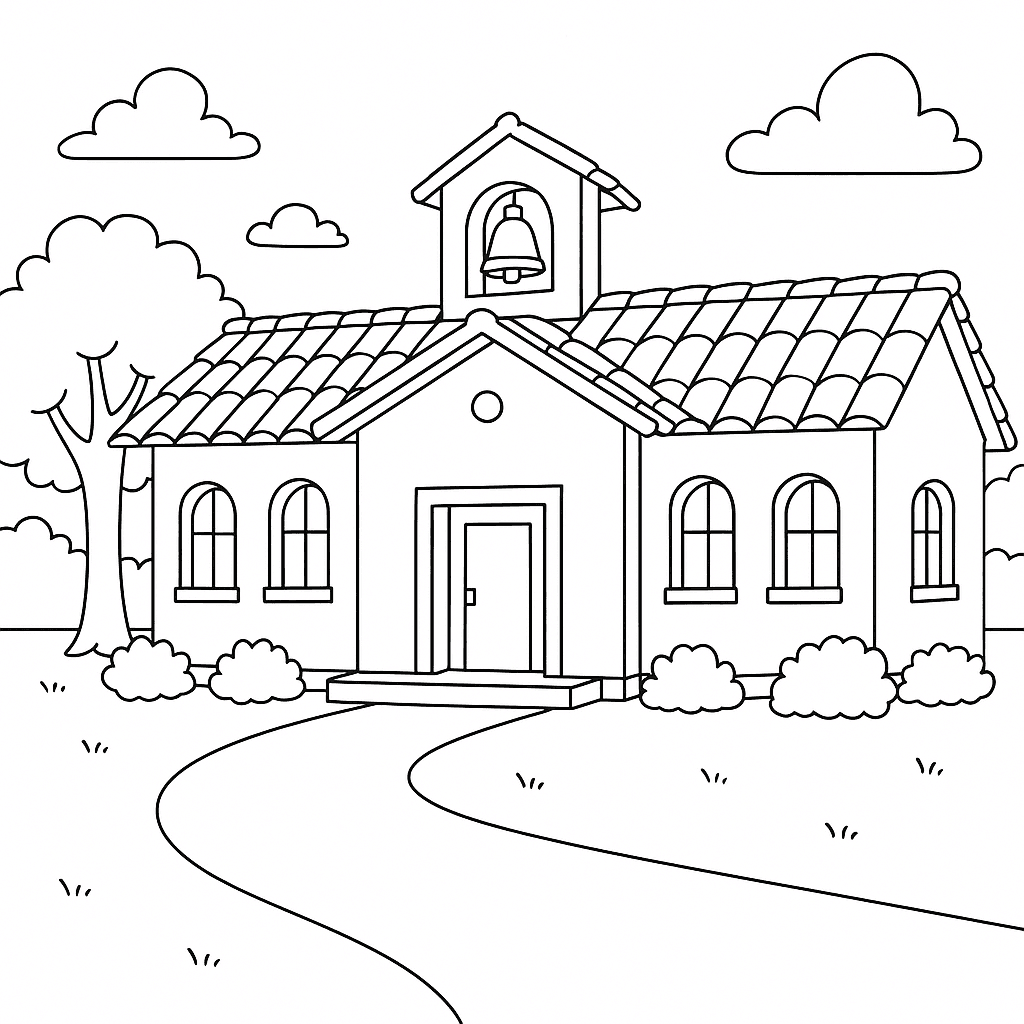 Escola com sino no telhado para colorir
