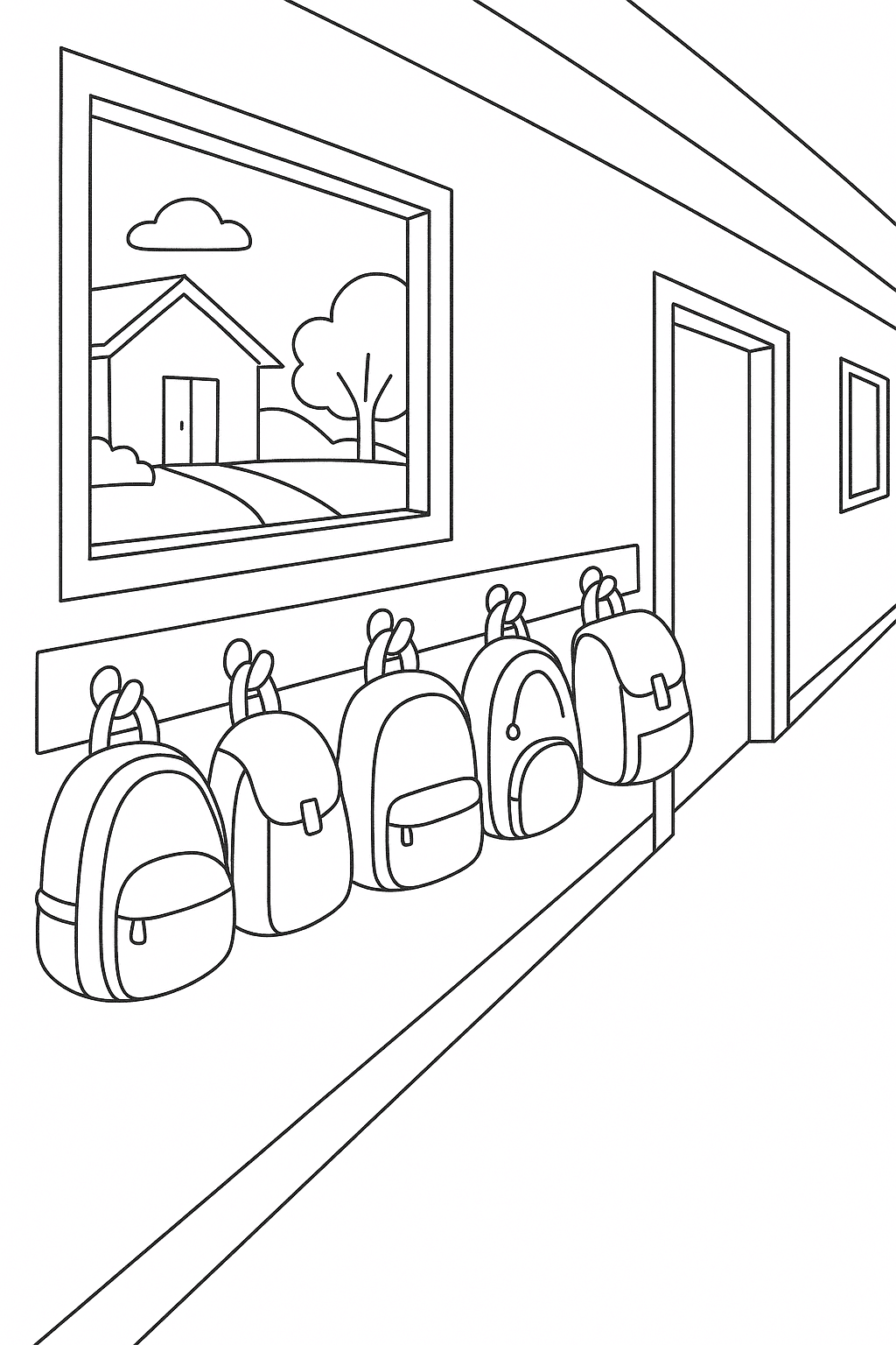 Mochilas no corredor da escola para colorir