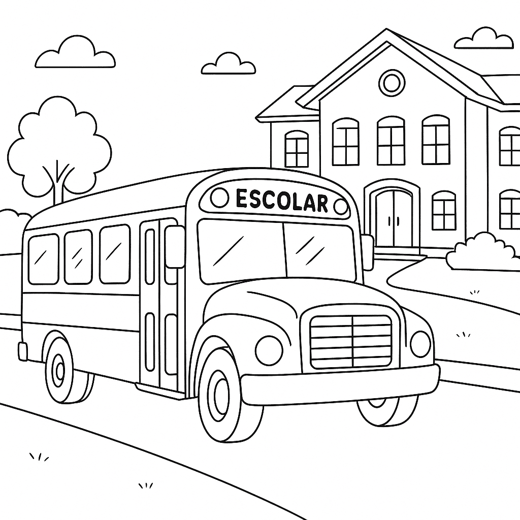 Ônibus chegando na escola para colorir