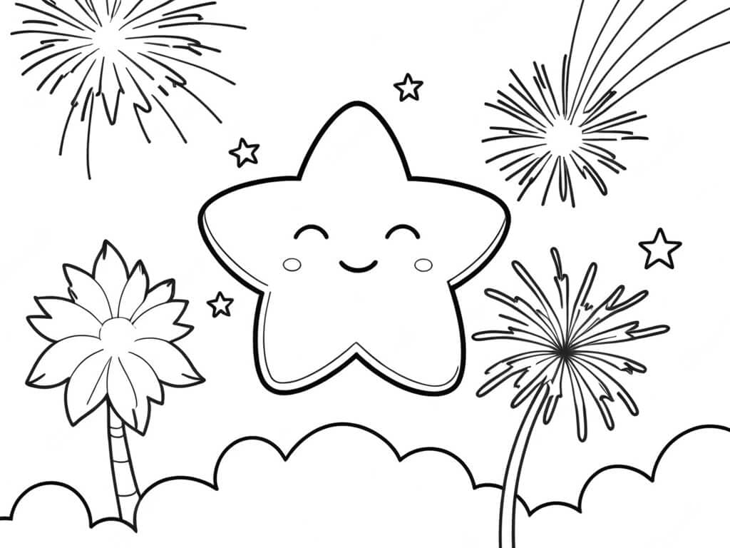 Estrela e fogos de artifício para colorir
