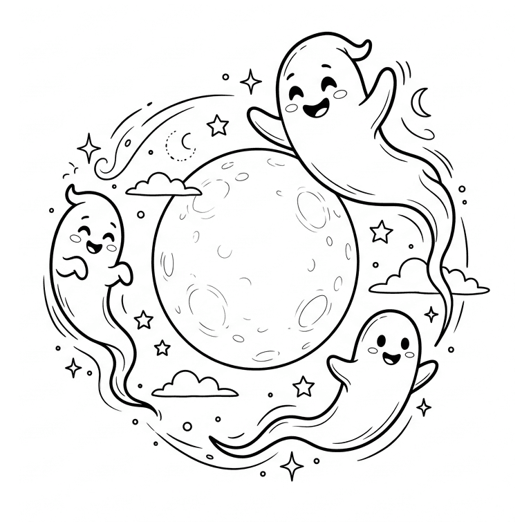 Fantasmas e lua para colorir