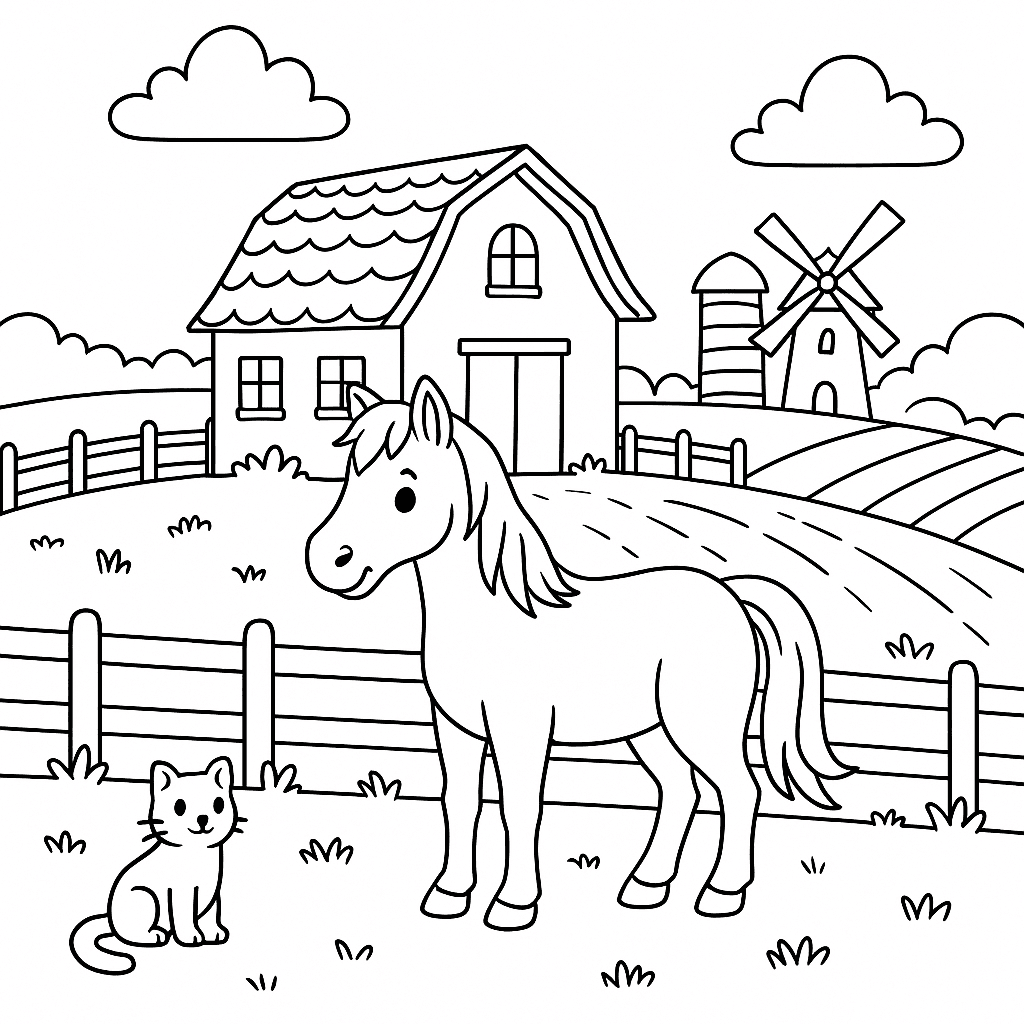 Fazenda com cavalo para colorir