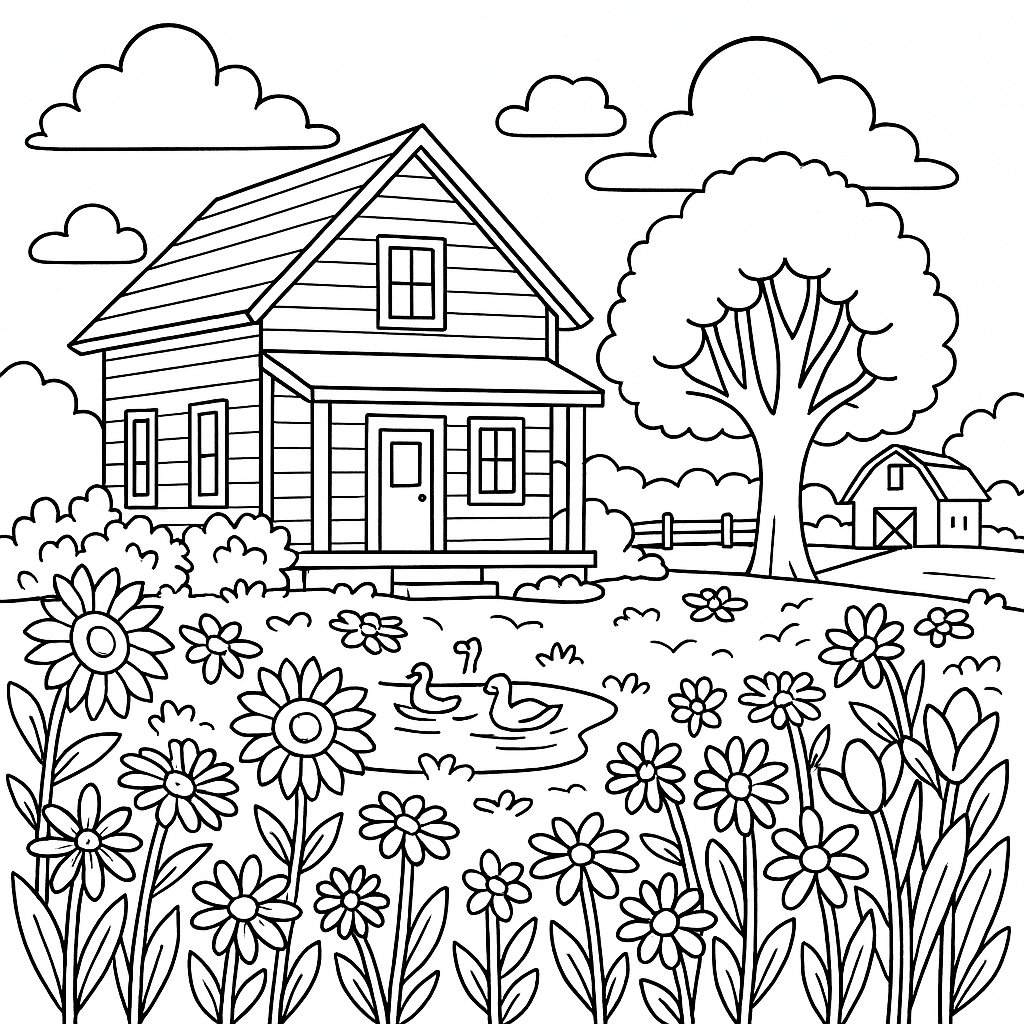 Fazenda com jardim de flores para colorir