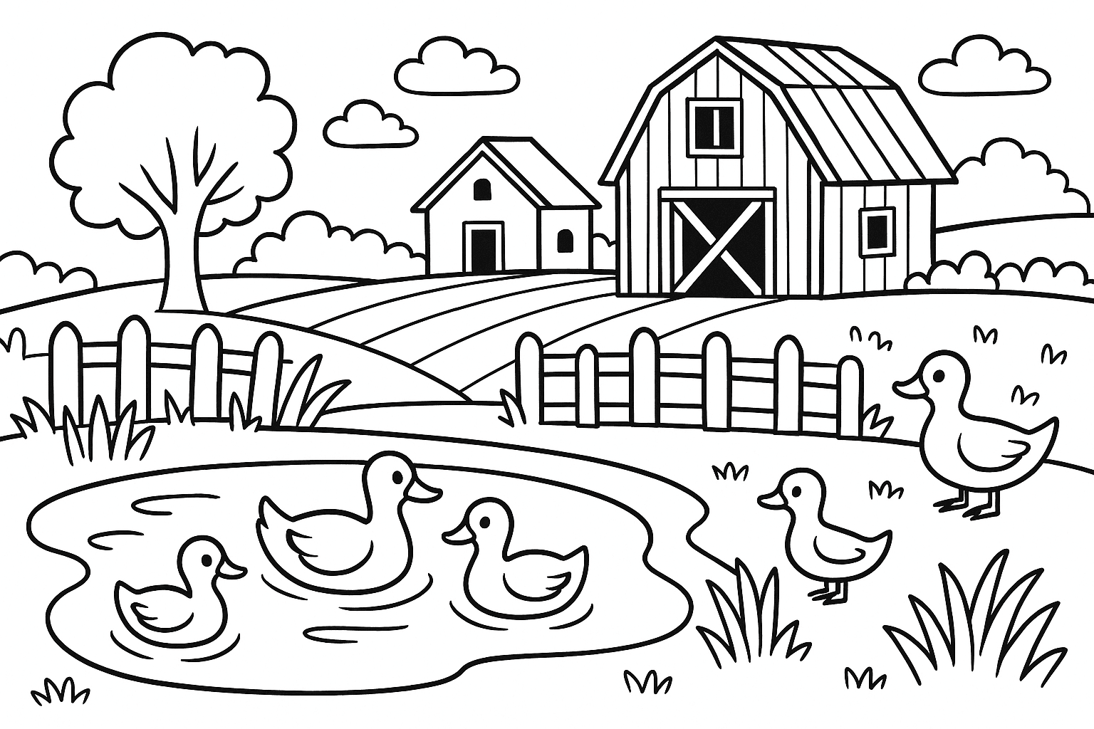 Fazenda com lago e patos para colorir