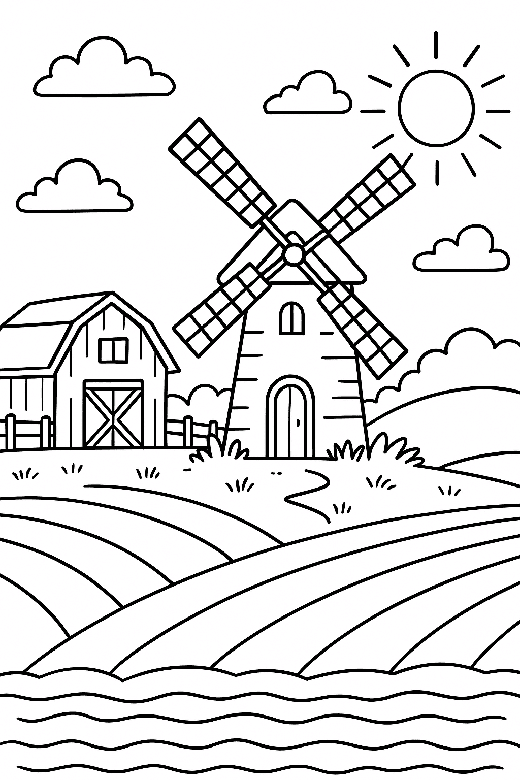 Fazenda com moinho e sol para colorir