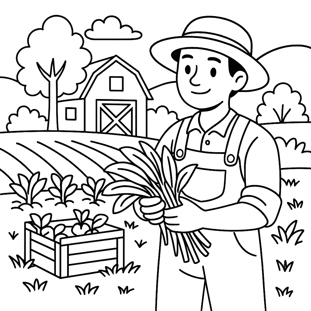 Fazenda com trabalhador colhendo para colorir
