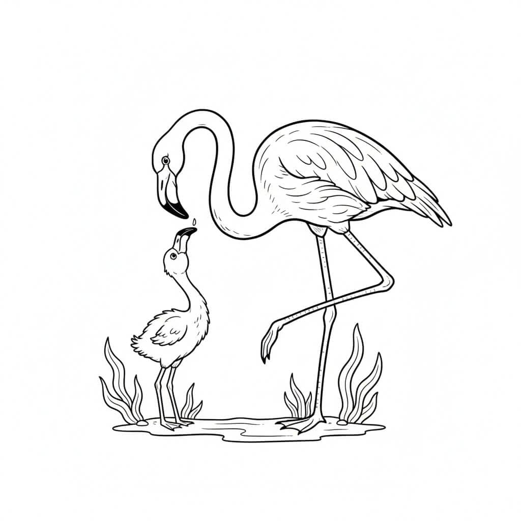 Flamingo e seu filho para colorir