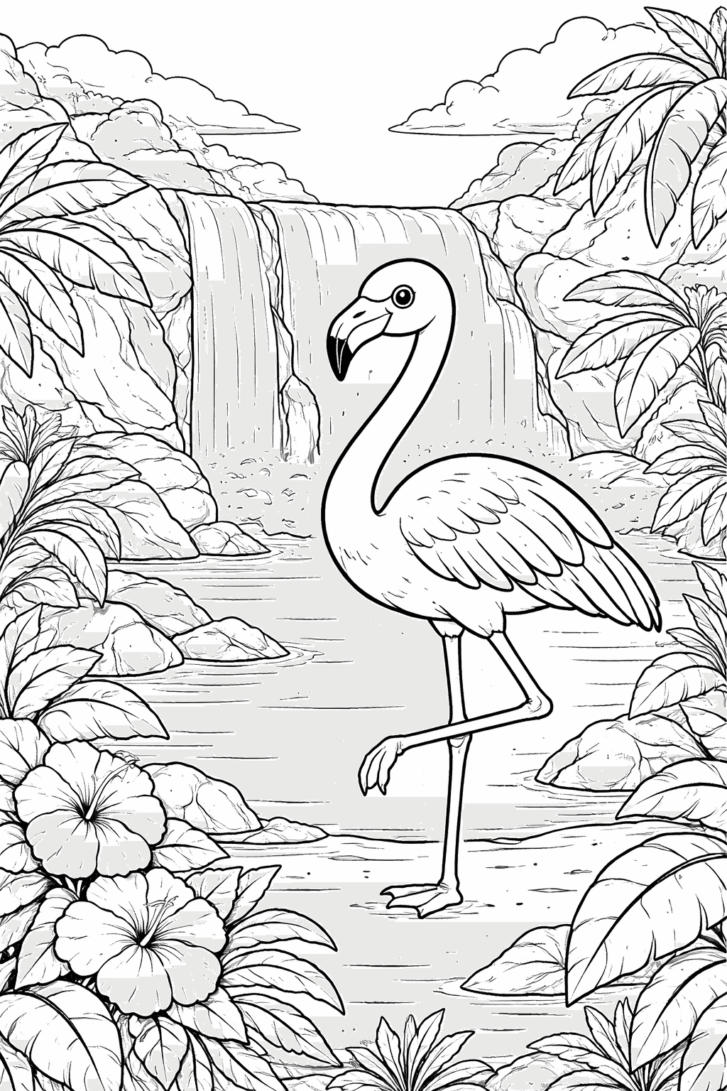 Flamingo na cachoeira para colorir
