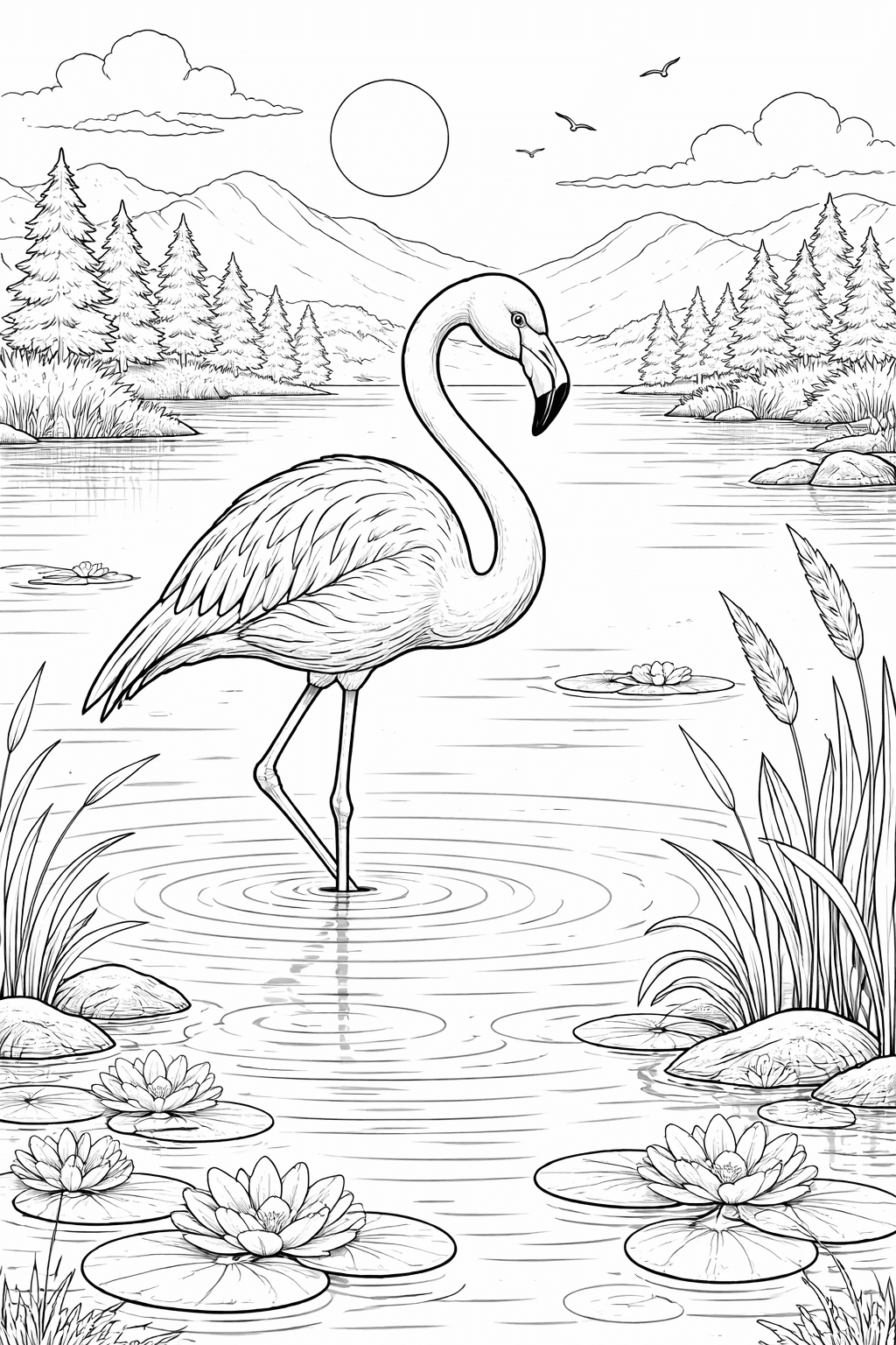 Flamingo no lago para colorir