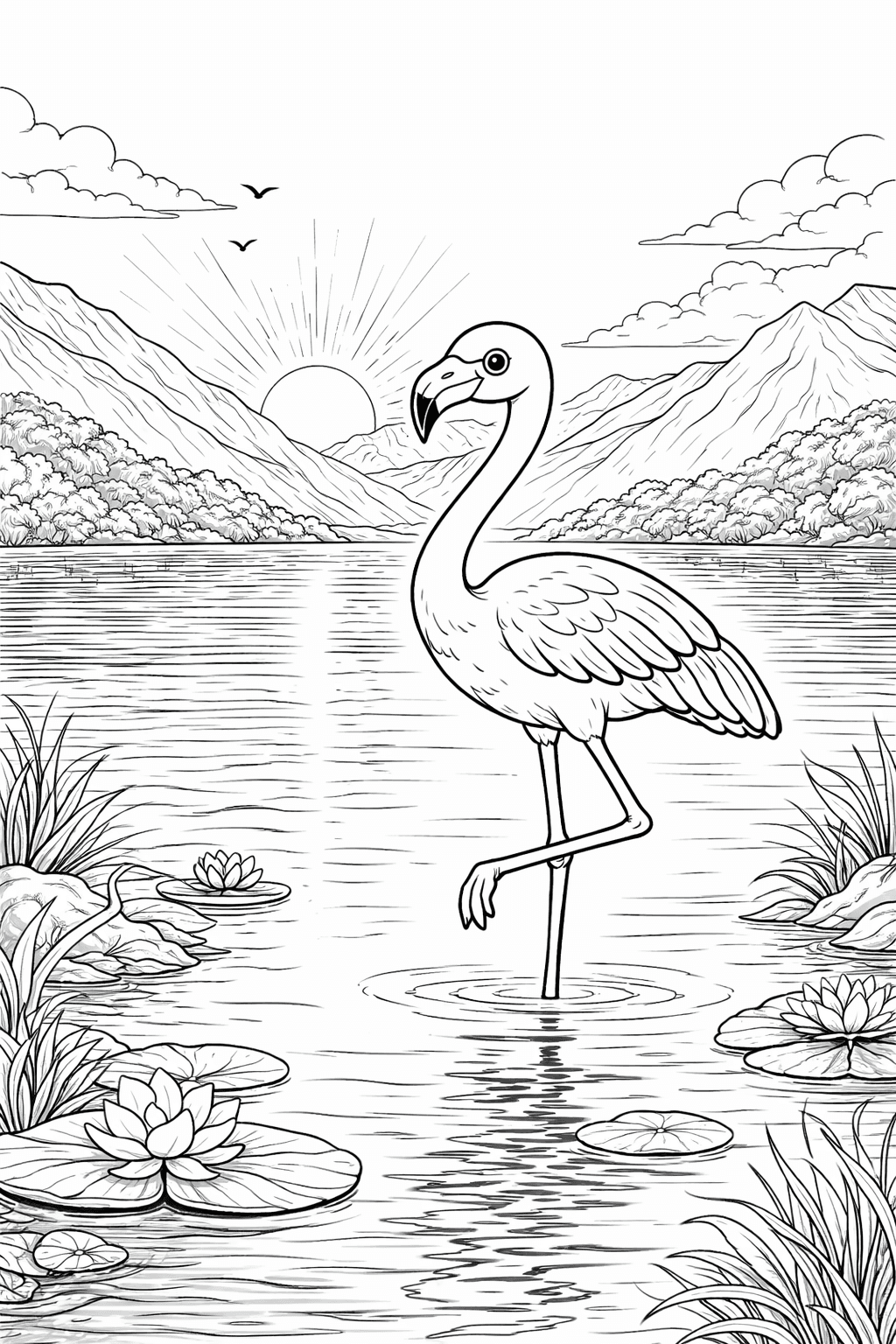 Flamingo ao pôr do sol para colorir