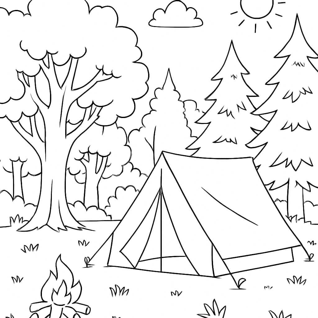 Acampamento na floresta para colorir