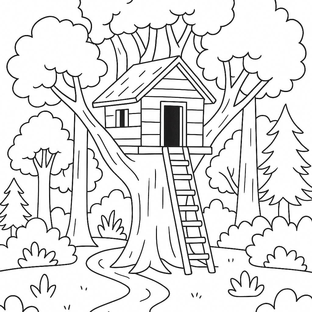 Casa na árvore na floresta para colorir