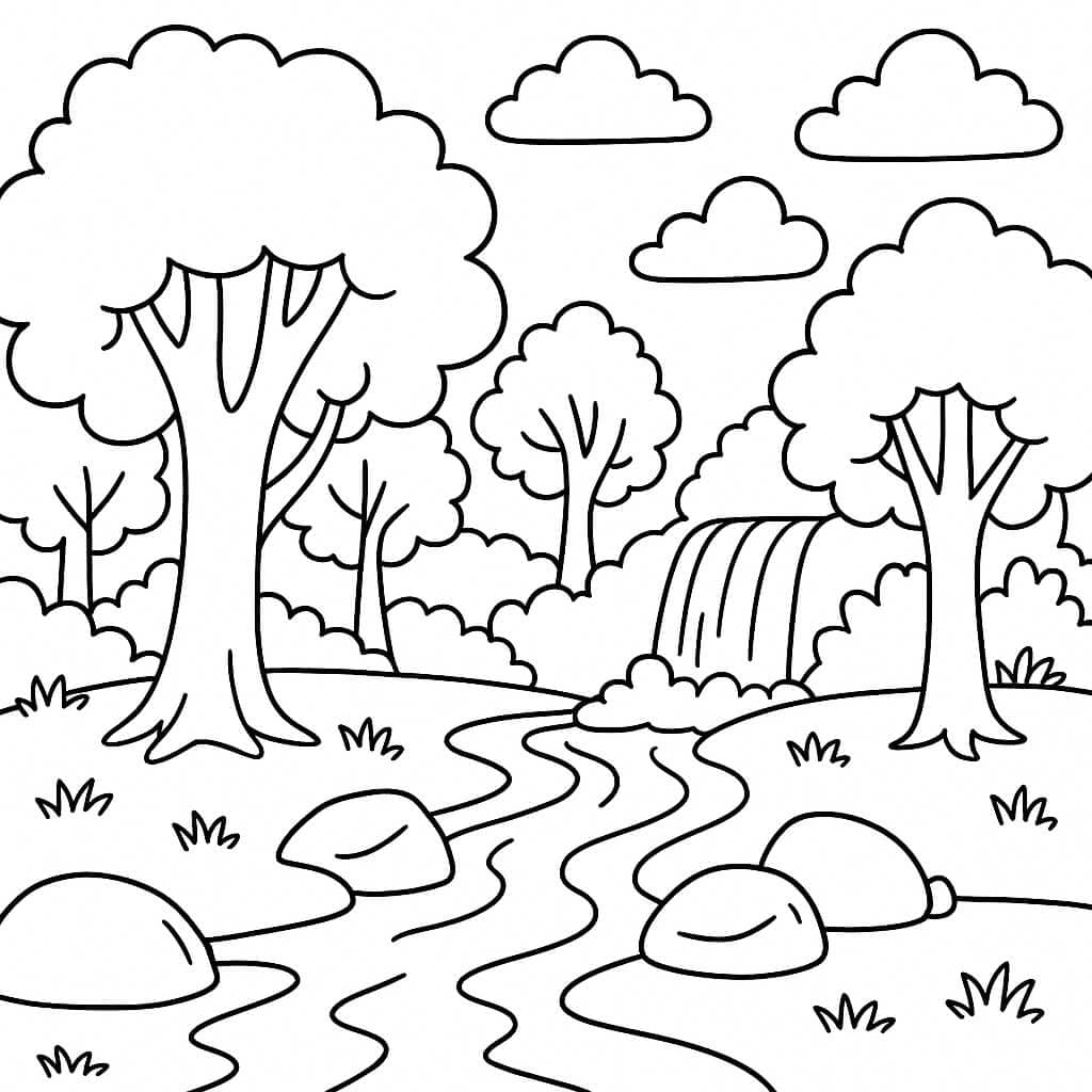Floresta com cachoeira para colorir