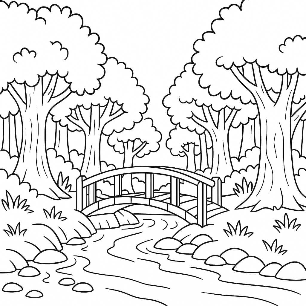 Floresta com ponte para colorir