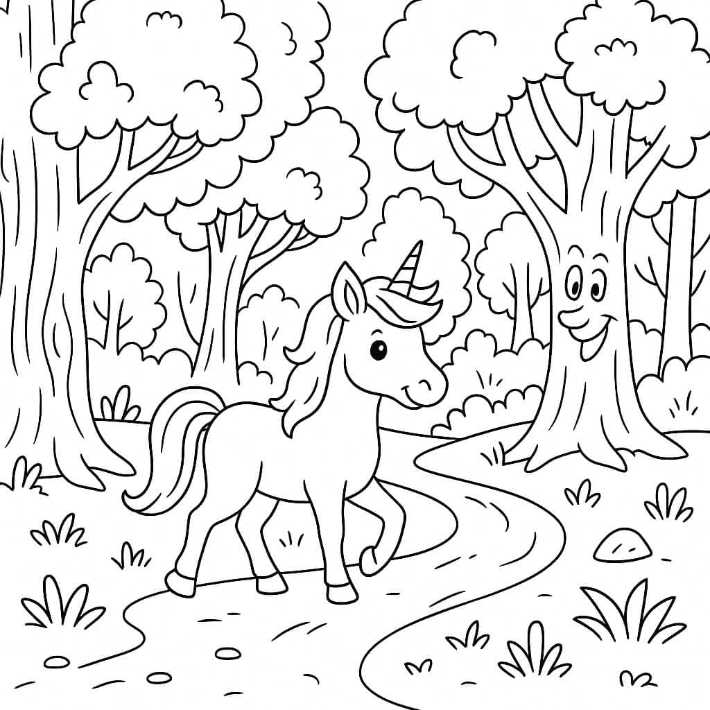 Floresta com unicórnio para colorir